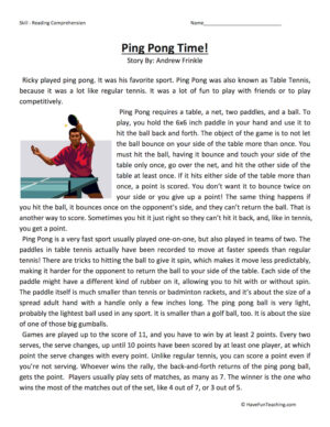 Ping Pong Time Reading Comprehension Worksheet