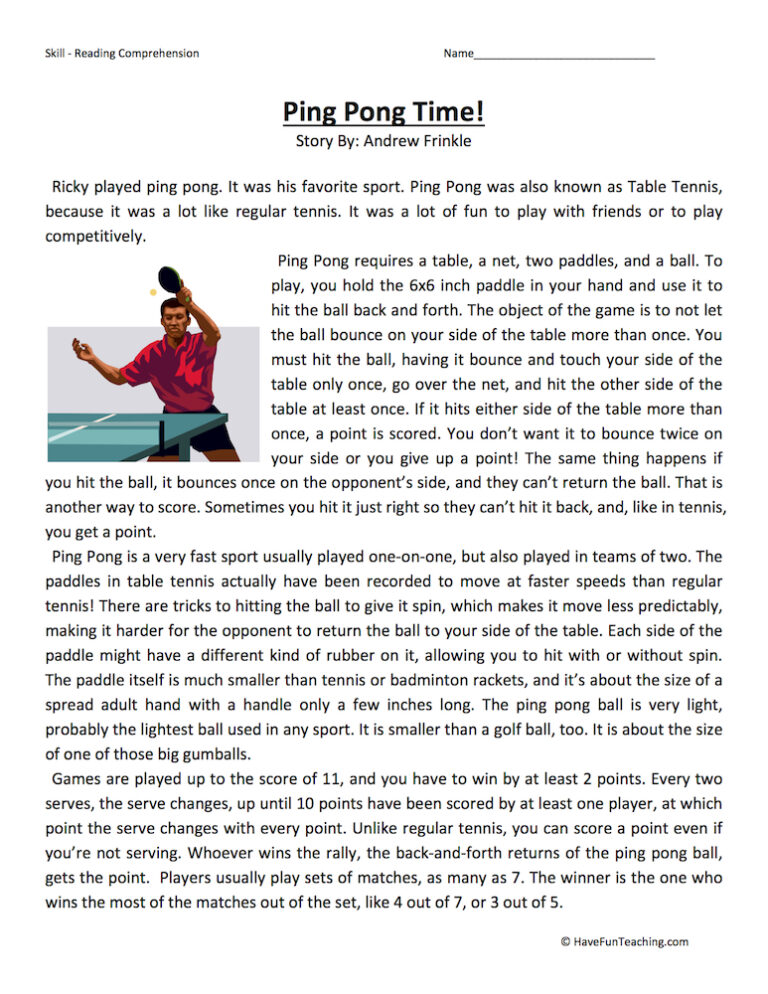 Ping Pong Time Reading Comprehension Worksheet