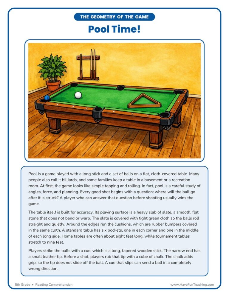 Pool Time Reading Comprehension Worksheet