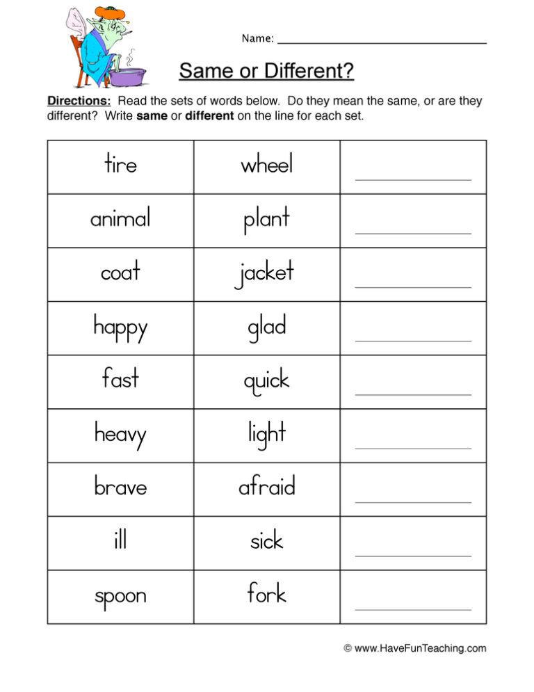 Same Different Words Worksheet