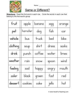 Same Different Categories Worksheet