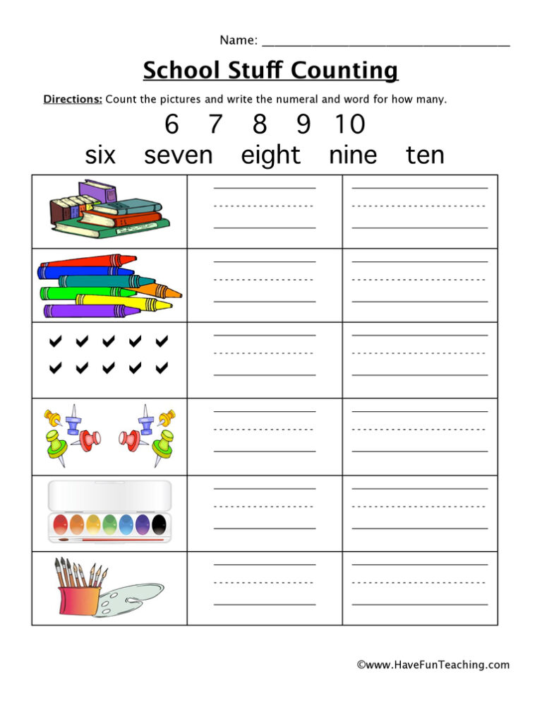 School Stuff Counting Worksheet