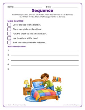 Making a bed sequence worksheet for 1st grade with five steps to put in order
