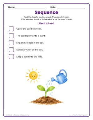 Plant a Seed sequence worksheet with five planting steps for students to number in order