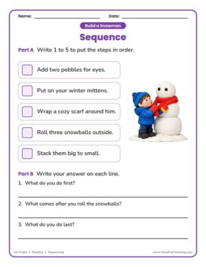 1st Grade sequencing worksheet - build a snowman steps in order