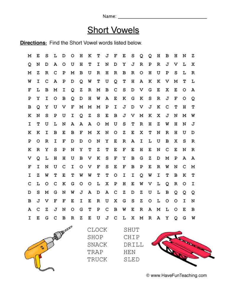Short Vowels Word Search Worksheet
