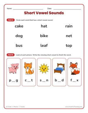 First grade short vowels worksheet