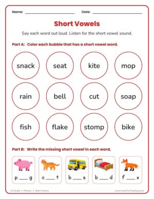 1st Grade short vowels phonics worksheet