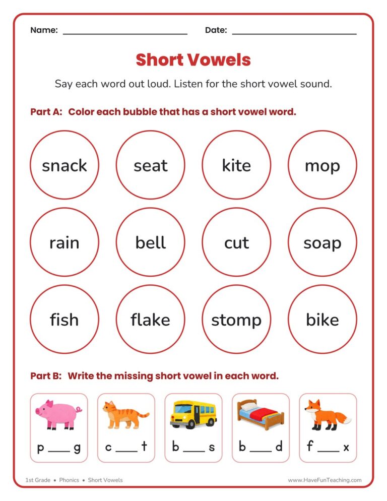Short Vowels Coloring Worksheet