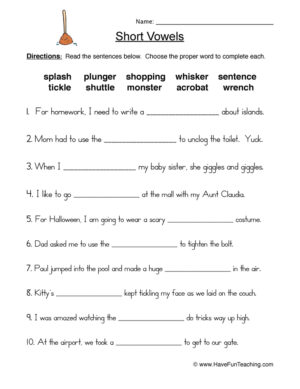 Short Vowels Fill in the Blank Worksheet