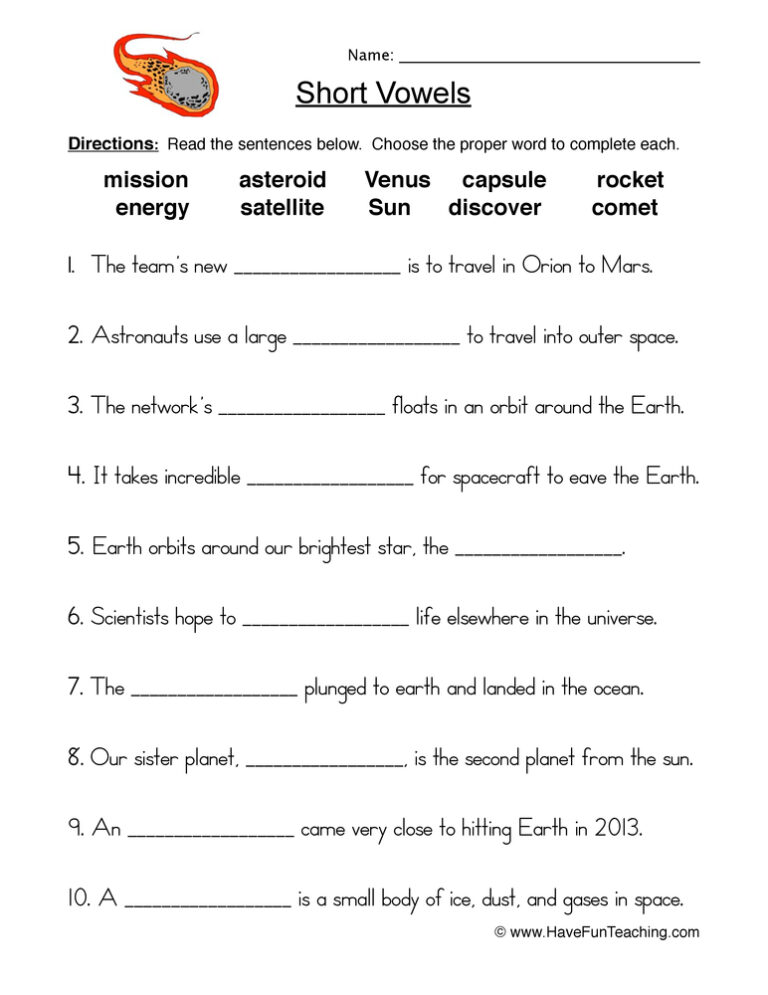 Short Vowels Space Worksheet