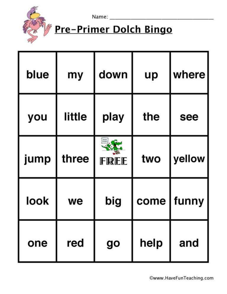 Pre-Primer Sight Words Bingo