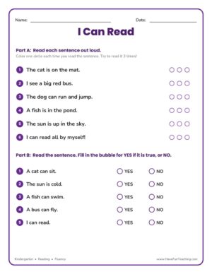 I Can Read simple sentences reading practice worksheet for Kindergarten reading fluency