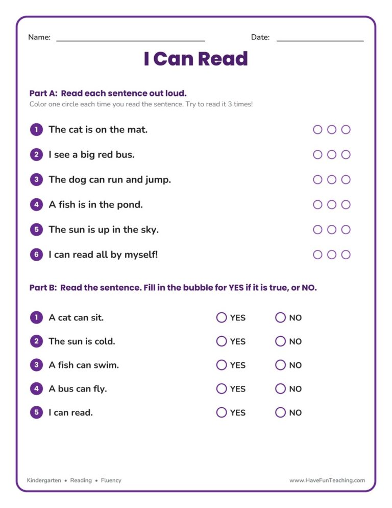 Simple Sentences Reading Practice Worksheet