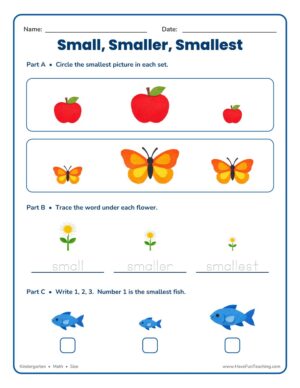 Kindergarten small smaller smallest size comparison worksheet