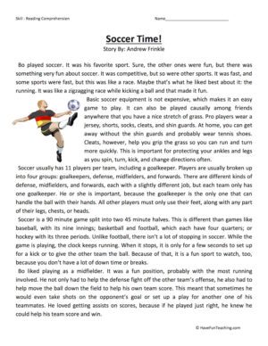 Soccer Time Reading Comprehension Worksheet