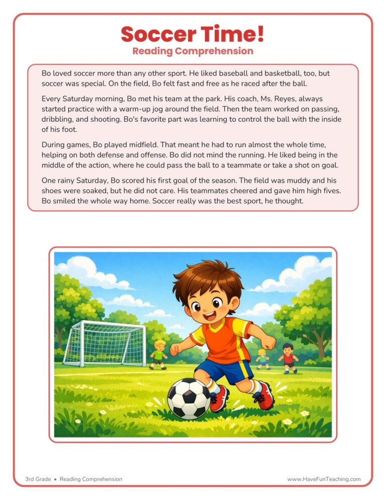 Soccer Time Reading Comprehension Worksheet