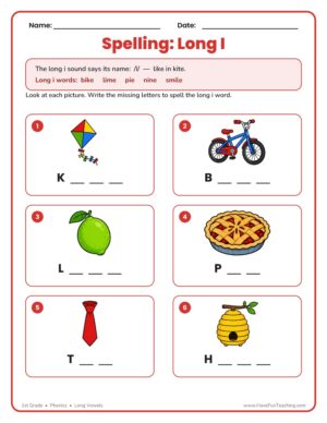 Spelling Long I worksheet where students write the missing letters to spell long i words from picture clues