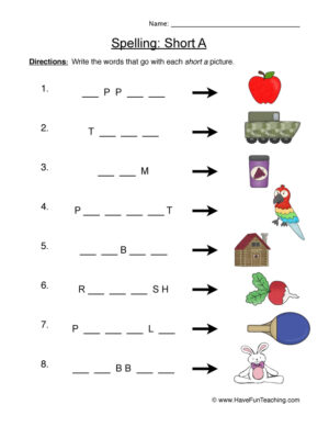 Spelling Short A Worksheet
