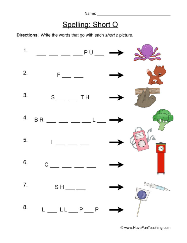 Spelling Short O Worksheet