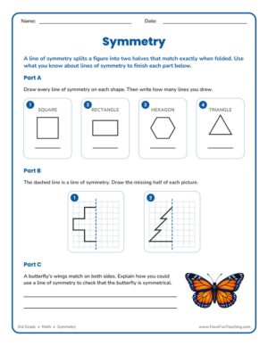 3rd Grade symmetry worksheet with lines of symmetry practice
