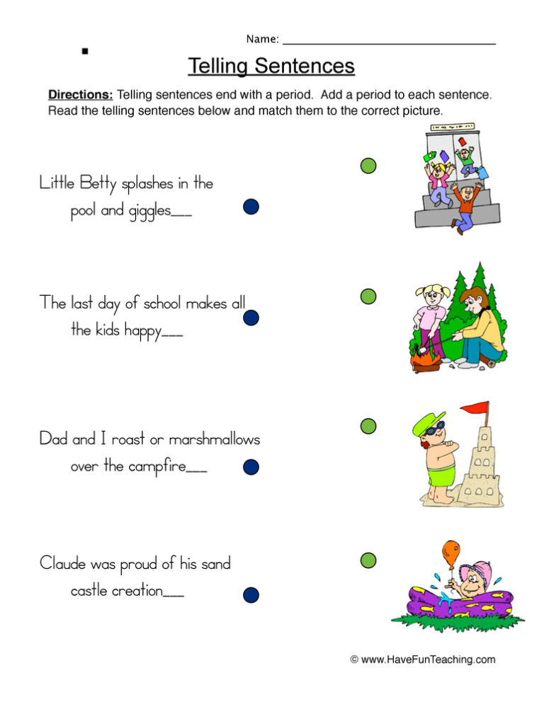 Matching Telling Sentences Worksheet