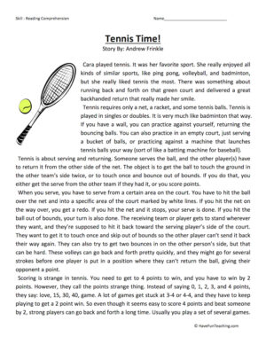 Tennis Time Reading Comprehension Worksheet