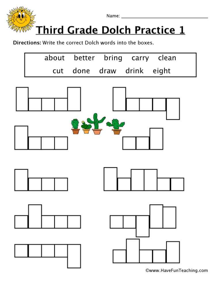 Third Grade Sight Words A to E Worksheet