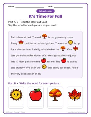 1st grade fall rebus reading fluency worksheet