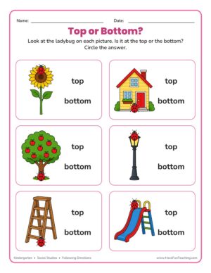 Kindergarten Following Directions worksheet for identifying top or bottom