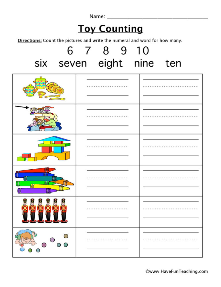 Toy Counting 6-10 Worksheet