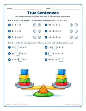 2nd Grade Math true number sentences worksheet