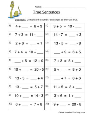 True Number Sentences Worksheet
