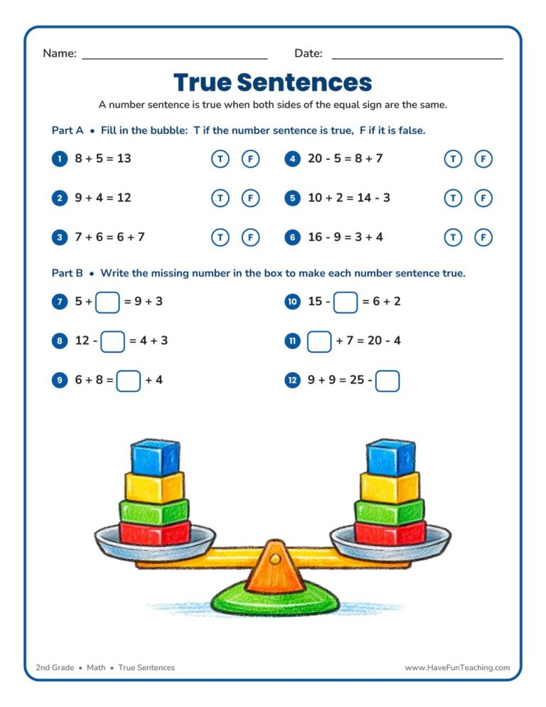 True Number Sentences Worksheet