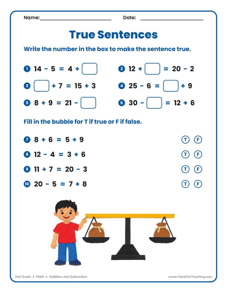 True Addition Number Sentences Worksheet