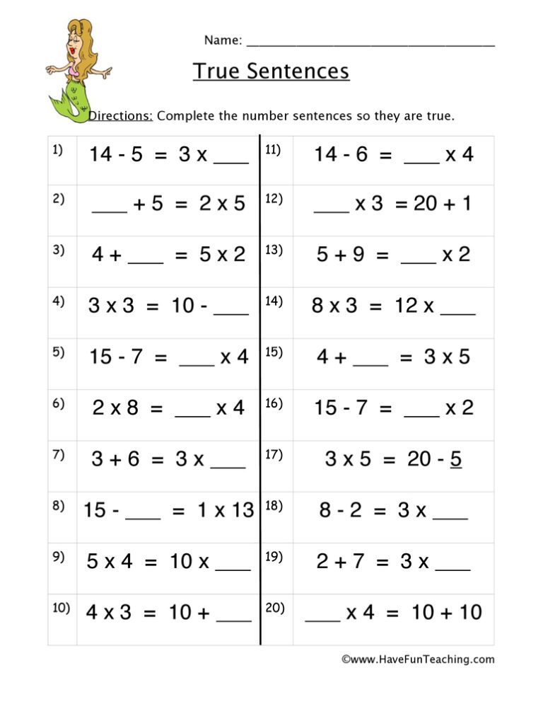 True Math Sentences Worksheet