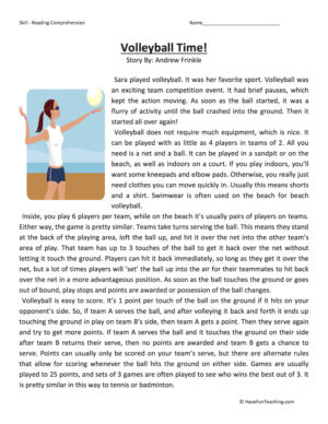 Volleyball Time Reading Comprehension Worksheet