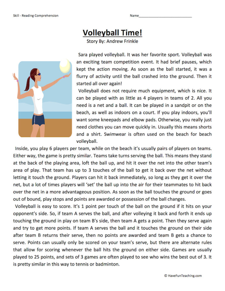 Volleyball Time Reading Comprehension Worksheet