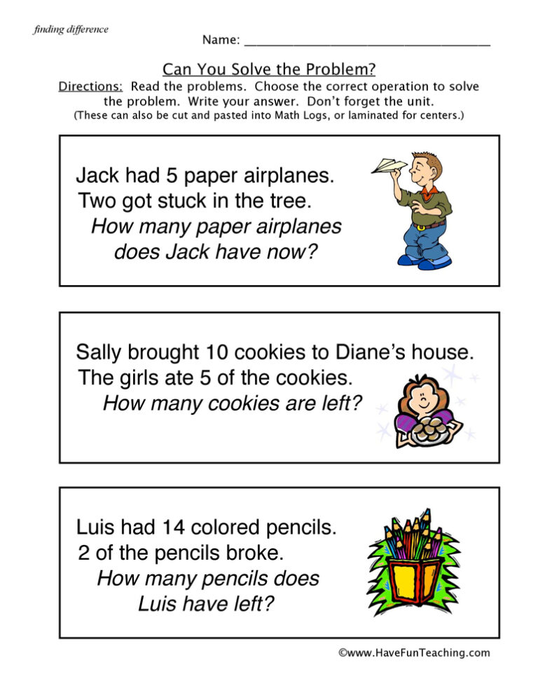 Subtracting Word Problems Worksheet