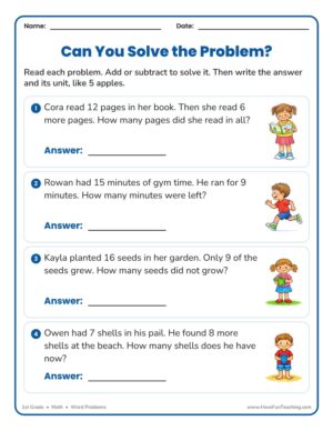 1st Grade basic word problems worksheet, adding and subtracting within 20