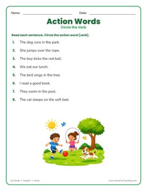 Identifying action words worksheet for 1st grade with a park scene of kids playing