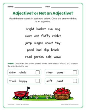 2nd Grade adjectives worksheet with five word rows and four word pairs