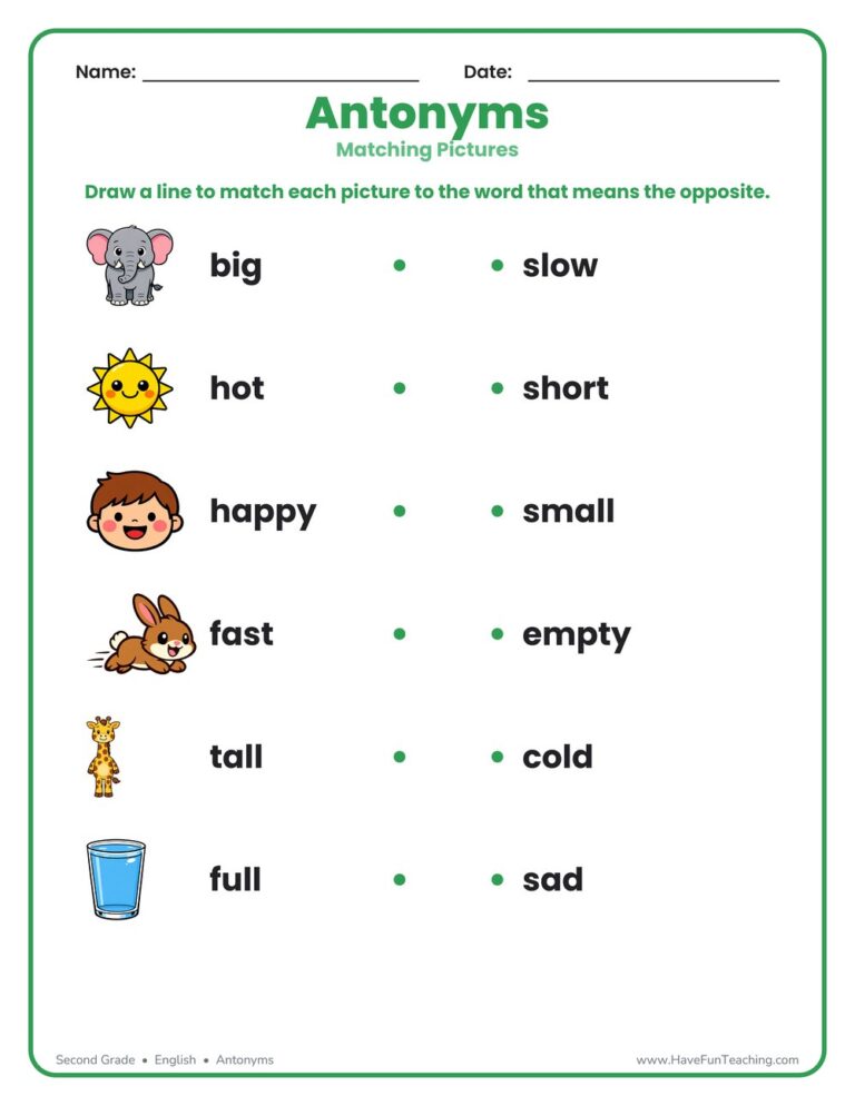 Antonyms Matching Pictures Worksheet