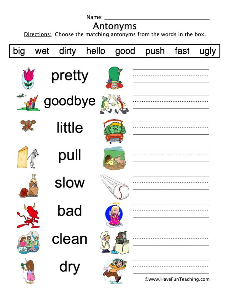 Antonyms Word Bank Worksheet