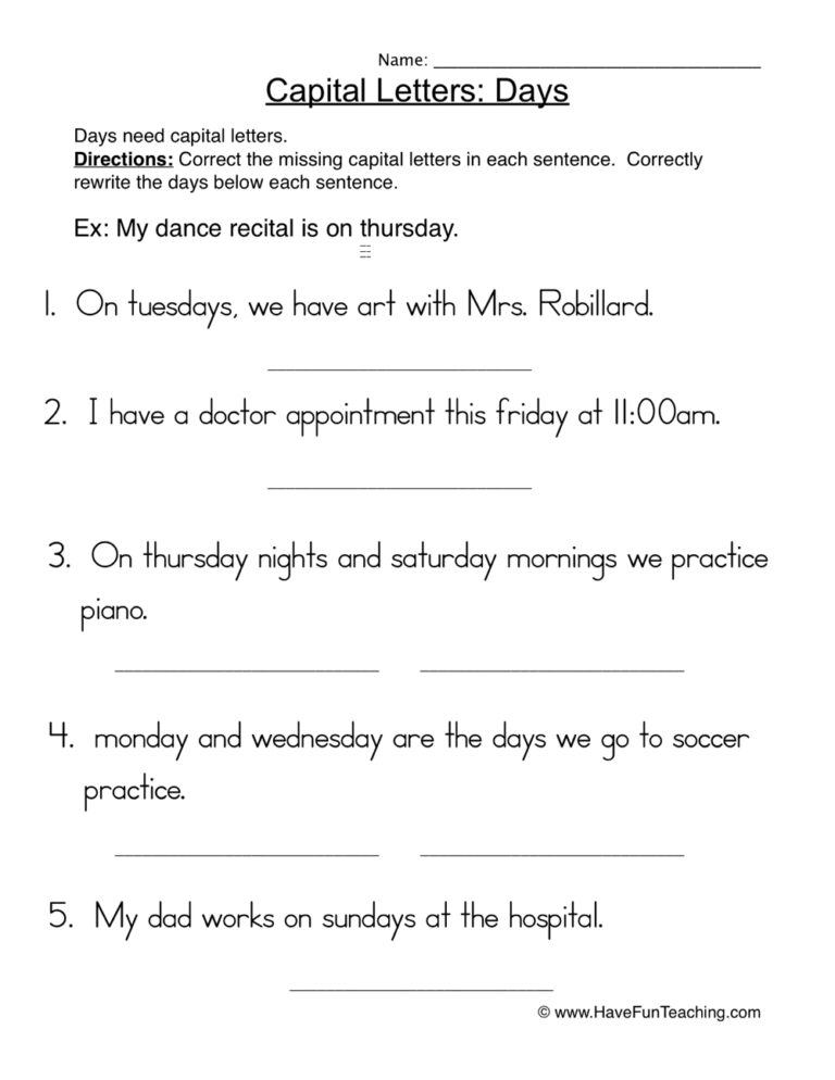 Capital Letters Days Sentences Worksheet