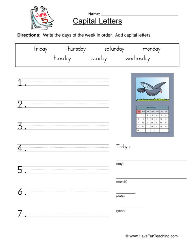 Capital Letters Days List Worksheet