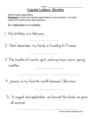 Capital Letters Months Sentences Worksheet