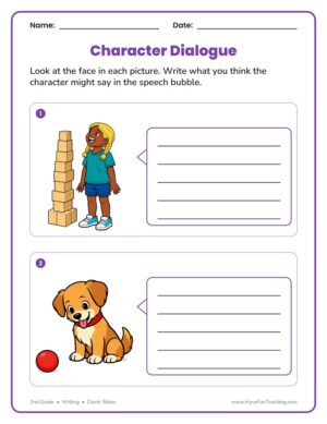 2nd grade cartoon character dialogue worksheet with speech bubbles to fill in