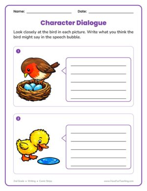2nd grade birds character dialogue worksheet with speech bubbles to fill in