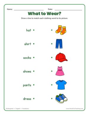 kindergarten matching clothing vocabulary worksheet